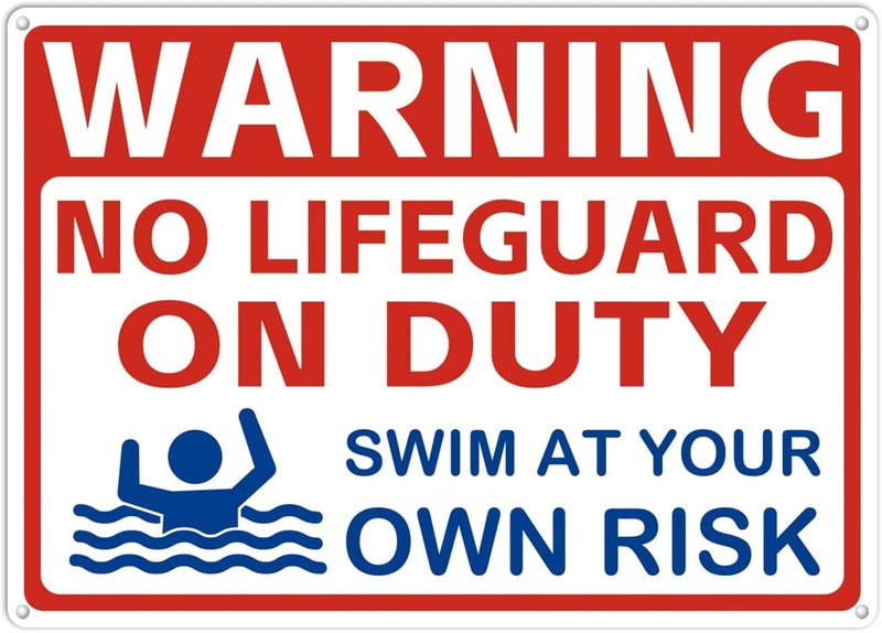 AzReference Warning No Lifeguard On Duty Large Sign, 10x14 Inches Swim at Your Own Risk Pool Metal Signs Legal, Rust Free .040 Aluminum, for Pools Beach Water Parks Outdoor - Image 1